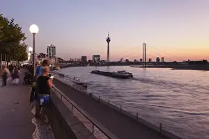 River Rhine Prints: Rhein promenade with Rheinturm tower and Rheinkniebrucke bridge