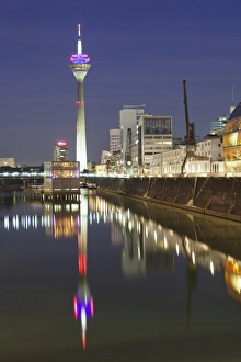 Rheinturm tower at Media Harbour (Medienhafen), Dusseldorf, North Rhine Westphalia, Germany, Europe