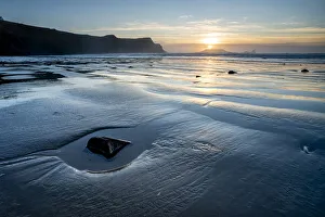 Swansea Prints: Rhossili Bay beach at low tide, at sunset, Rhossili, Gower Peninsula, Swansea, Wales