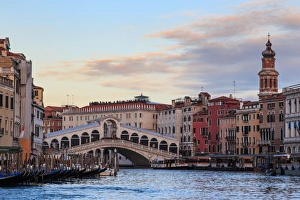 Public Transport Prints: Rialto Bridge on Grand Canal at sunset in winter, Venice, UNESCO World Heritage Site