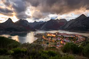 Connections Prints: Riano cityscape at sunset with mountain range landscape during Autumn in Picos de Europa