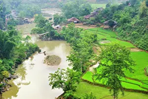 Northern Prints: Rice fields by the river with homes and greenery in Northern Vietnam