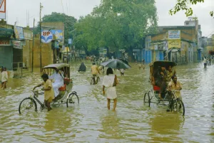 Struggle Prints: Rickshaws being pushed through the monsoon floods in a town