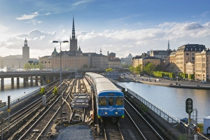 Stockholm Prints: Riddarholmen Church and train from Sodermalm, Stockholm, Sweden, Scandinavia, Europe