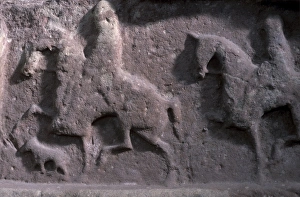 Angus Prints: Riders with high-stepping horses and hound