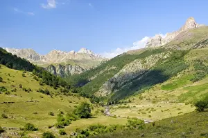L Imestone Prints: Rio Aragon Subordan and upper Hecho valley overlooked by karst limestone peaks and woods