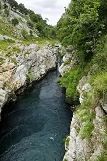 Rio Cares carving through karst limestone valley in the Picos de Europa mountains, near Panes, Asturias, Spain, Europe