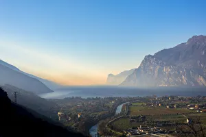 Ponds Prints: Riva del Garda at sunrise in winter, Lake Garda, Trentino, Dolomites, Italy, Europe