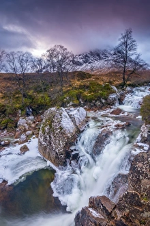 River Coupall, Coupall Falls and Buachaille Etive Mor, Glen Coe, Highlands, Scotland