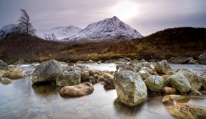 Boulders Prints: River Coupall, just above the Coupall Falls, looking towards snow-covered mountains