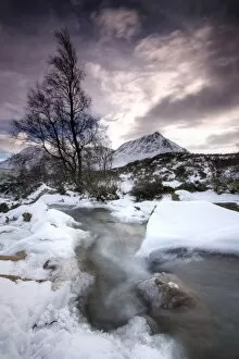 River Coupall on a snowy winters day, Rannoch Moor, Highland, Scotland