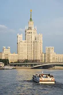 River cruise along the Moskva River (Moscow River) in front of one of the Stalin towers, Moscow, Russia, Europe
