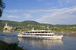 Austria Prints: River cruise steam boat and Schloss Schonbuhel, Wachau, Lower Austria, Austria, Europe