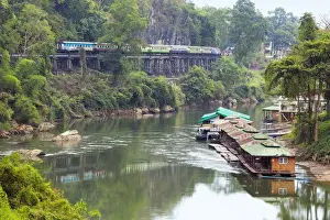 Kanchanaburi Prints: River Kwai train crossing the Wampoo Viaduct on the Death Railway above the River