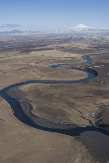 River leading to Eyjafjallajokull glacier, Mount Hekla behind, South Iceland