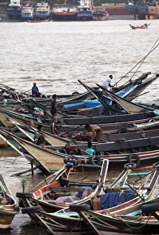 Typically Myanmar Prints: River life, passenger ferries, Yangon River, Yangon (Rangoon), Myanmar (Burma), Asia
