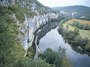River Lot Prints: River Lot, with tour boat emerging from lock, near St. Cirq-Lapopie, east of Cahors