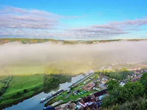 British Isles Prints: River Ouse and mist, elevated view, Lewes, East Sussex, England, United Kingdom, Europe