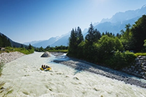 River rafting below Mont Blanc, Chamonix Valley, Rhone Alps, Haute Savoie, France, Europe