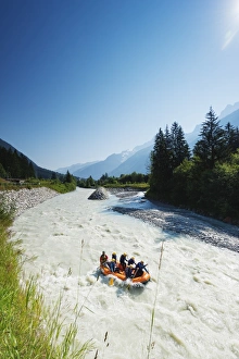 Rhone Alps Prints: River rafting below Mont Blanc, Chamonix Valley, Rhone Alps, Haute Savoie, France, Europe