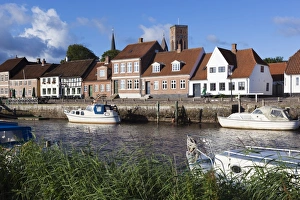 Denmark Prints: River Ribe and riverfront houses and tower of Ribe Domkirke