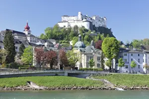 Austrian Culture Prints: River Salzach with Hohensalzburg Castle and Kajetanerkirche Church