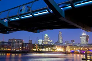 Millennium Bridge Prints: River Thames, Millennium Bridge and City of London skyline at dusk