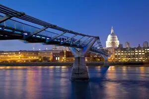 Millennium Bridge Collection: River Thames, Millennium Bridge and St. Pauls Cathedral at dusk, London, England, United Kingdom