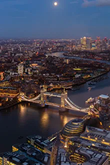 Bascule Bridge Prints: River Thames, Tower Bridge and Canary Wharf from above at dusk with moon, London, England