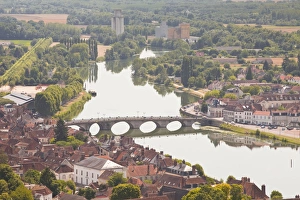 Yonne Prints: The River Yonne flowing through the town of Joigny, Yonne, Burgundy, France, Europe