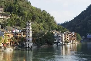Images Dated 8th November 2008: Riverside pagoda and old town of Fenghuang, Hunan Province, China, Asia
