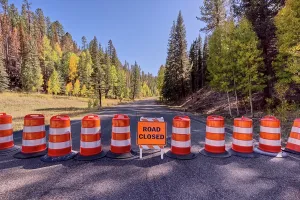 Grand Prints: Road closed at Cape Royal Road turnoff due to Dragon Bravo Wildfire damage in Grand Canyon North Rim Arizona