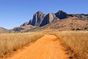 Road leading to granite rocks in the Andringitra National Park, Madagascar, Africa