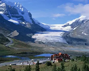 Glacier Prints: Roadside building dwarfed by the Athabasca Glacier in the Jasper National Park