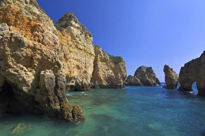 Surface Processes Prints: Rock arches and cliffs at Ponte da Piedade near Lagos, Algarve, Portugal, Europe