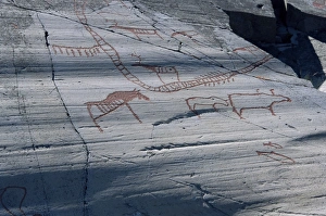 Rock carvings between 2000 and 6000 years old on ice striations