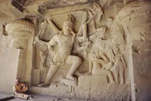 Maharashtra State Prints: Rock cut panel showing the Hindu God Lord Shiva in Cave no 29