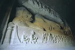 Subterranean Prints: Rock cut reclining statue of the Buddha preparing to enter nirvana