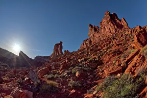 Rock formation called Rudolph and Santa, Valley of the Gods, visible from the main road through the valley, northwest of Monument Valley and Mexican Hat, Utah, United States of America, North America