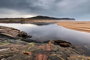 Textured Prints: Rock formations at Sandwood Bay, with Am Buachaille sea stack in far distance, Sutherland