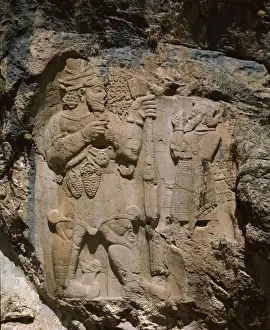 Rock Cliffs Prints: Rock relief of local Hittite ruler paying homage to the god of fertility