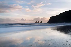 South Iceland Prints: Rock stacks of Reynisfjara, captured from beach at Vik Y Myrdal at sunset, South Iceland