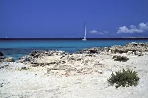 Images Dated 6th January 2010: Rocks and sailing boat, Formentera, Balearic Islands, Spain, Mediterranean, Europe