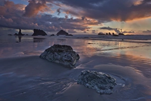 Sea Stacks Prints: Rocks, sea stacks, and clouds at sunset