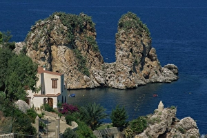 Coastal Features Prints: Rocks towering in Golfo di Castellammare, Slopello, Sicily, Italy, Europe