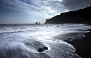 Reynisdrangar Prints: The rockstacks of Reynisdrangar from the black volcanic sand beach at Vik i Myrdal