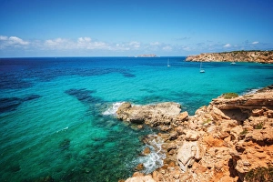 Turquoise Prints: Rocky coast near Cala Vadella, Ibiza, Balearic Islands, Spain, Mediterranean, Europe