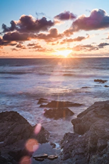 Rocky coast at Treyarnon Bay at sunset, Cornwall, England, United Kingdom, Europe