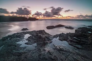 Ethereal Prints: Rocky coast at Treyarnon Bay at sunset, Cornwall, England, United Kingdom, Europe