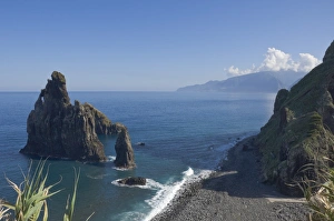 Lava Prints: Rocky coastline with lava rock columns jutting out of the ocean, Northern Madeira
